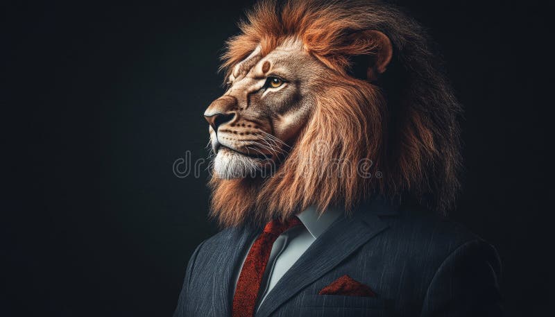King of the Concrete Jungle Anthropomorphic Lion in Suit, Profile on Dark Background royalty free illustration