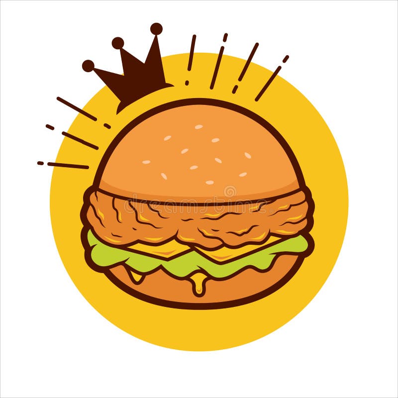 King of Crispy Chicken Burger Icon Logo Illustration with Crown Stock