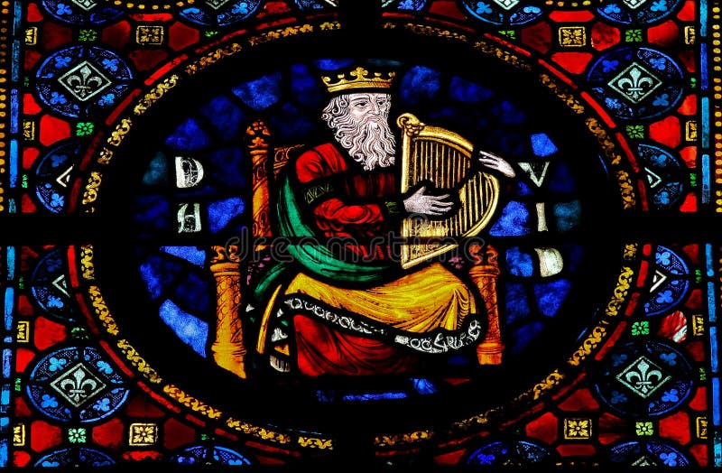 Stained glass window in the Notre Dame church of Dinant, Belgium, depicting the Hebrew king David.