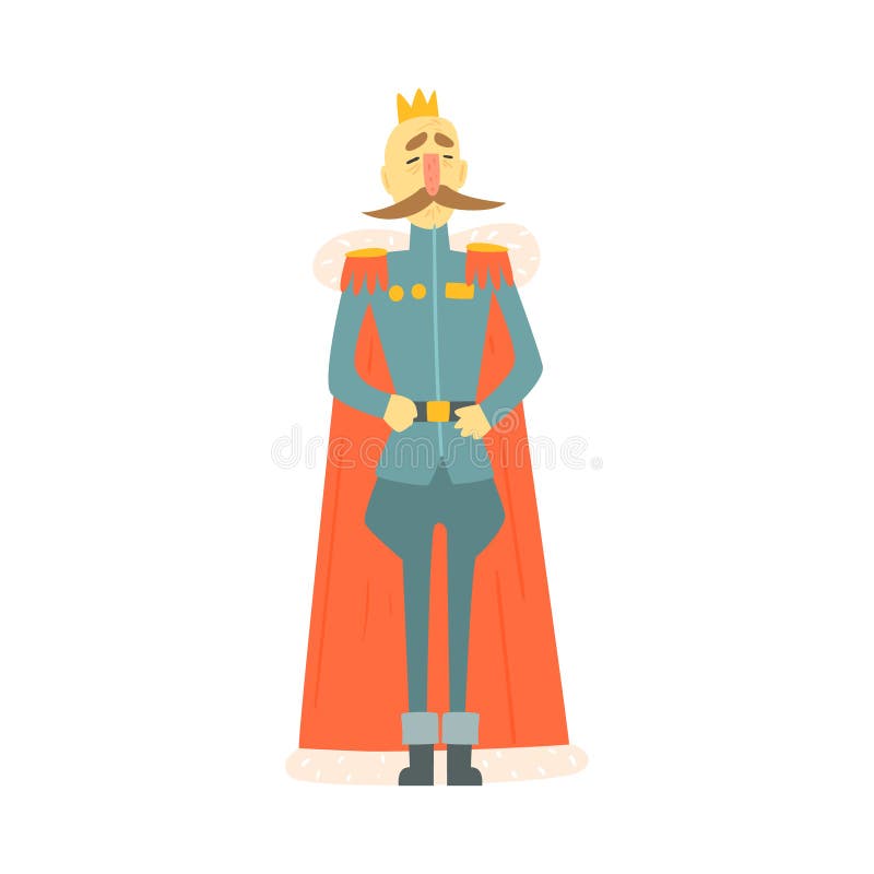 King Emperor In Military Official Clothing And Cape With Moustache Standing Fairy-Tale Cartoon Childish Character