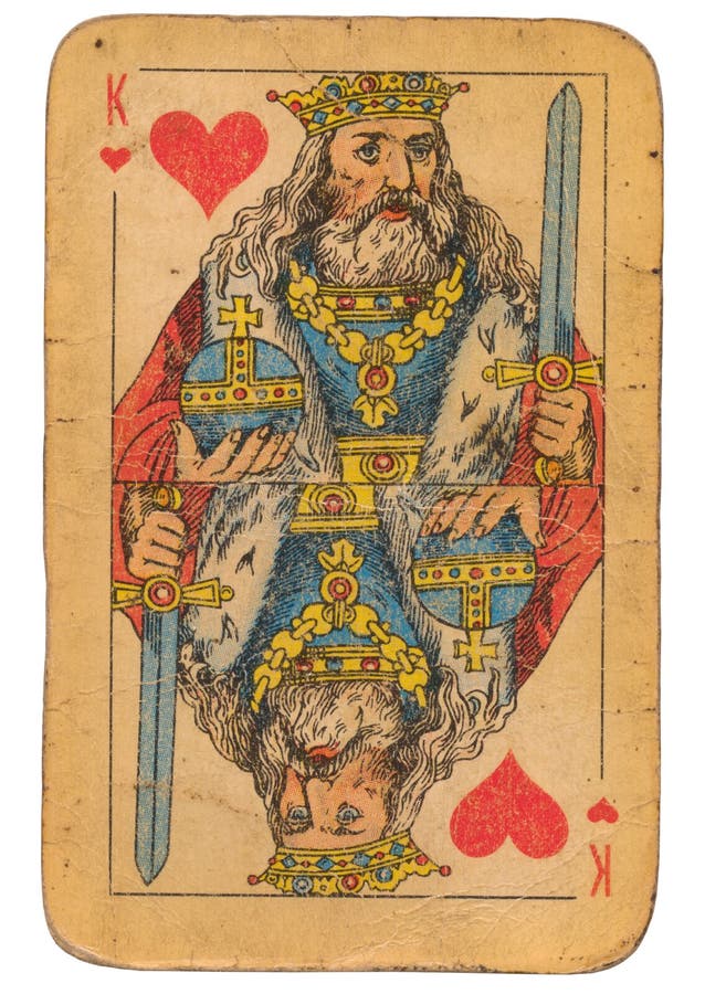 King of Hearts old grunge soviet style playing card isolated on white games gambling color suit spade diamond club success chance risk win jackpot casino symbol sign classic vintage lucky black red grey shadow fan winning three queen long dirty paper yellow rusty retro russian classik ussr diamonds clubs