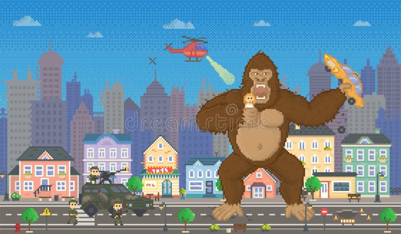 Macaco Gigante No Design Do Layout De Jogo De Pixel. Rei Kong Atacado Por  Militares No Veículo De Combate Ilustração do Vetor - Ilustração de velho,  kong: 212073427