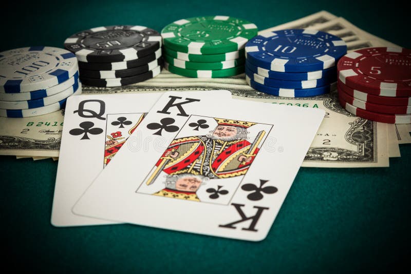 King, Queen Cards, Dollar Bills and Casino Chips Stock Photo Image of