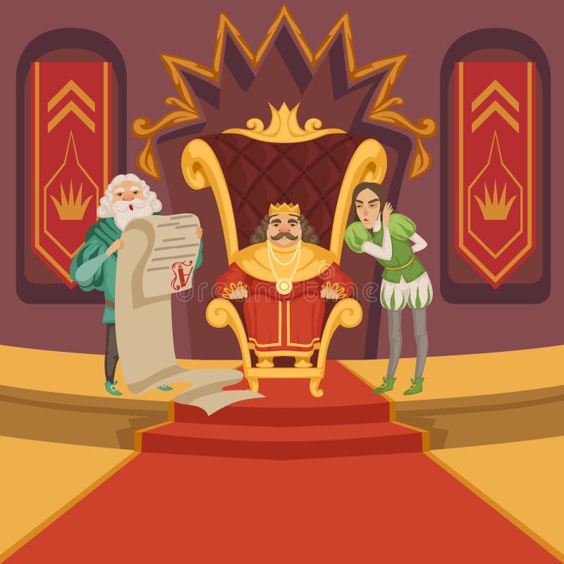 King on the throne and his retinue. Cartoon characters set