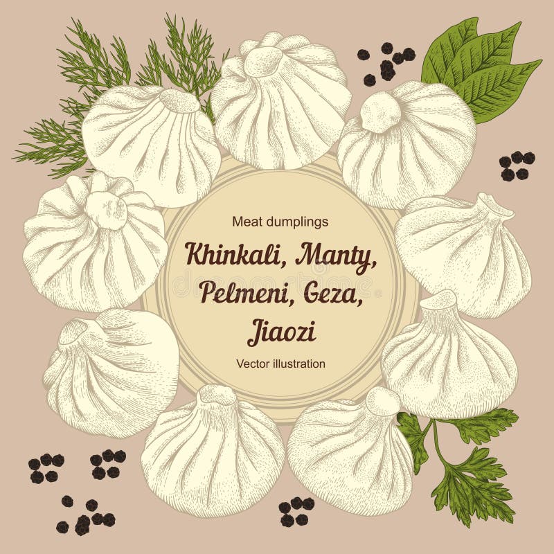 Kinkali, Nikuman, manti, dumplings. Geza, Jiaozi. Pelmeni. Meat dumplings. Food. stock illustration Kinkali, Nikuman, manti, dumplings. Geza, Jiaozi. Pelmeni. Meat dumplings. Food. stock illustration