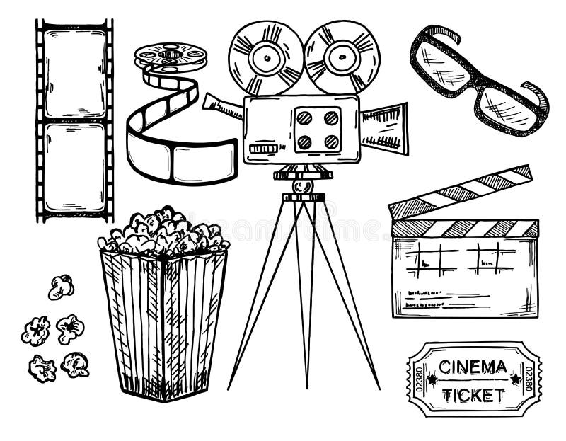 Kino und Übergabe Herstellungsfilme gezogenen Satz mit Scharnierventilspulenkamera-Filmkarte und das Popcorn, das auf weißem Hinte vektor abbildung
