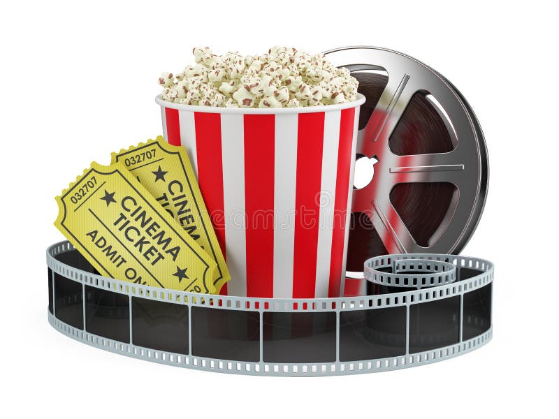 Kinokonzept: Filmrolle, Popcorn, Kino etikettiert lokalisierten weißen Hintergrund