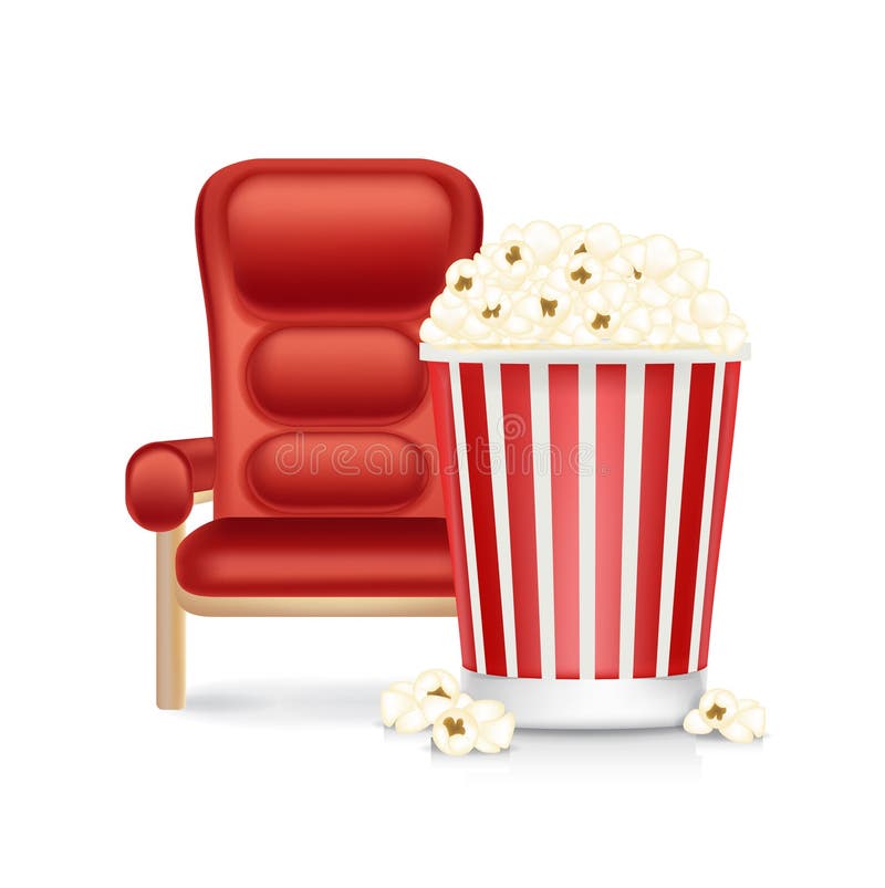 Kinostuhl und -popcorn lokalisiert auf Weiß stock abbildung