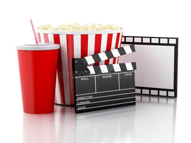 Kinowy clapper, popkorn i napój, 3 d pudełek podobieństwo kolumnę płytki ilustracja wektor Kinowy clapper, popkorn i napój, 3 d pudełek podobieństwo kolumnę płytki ilustracja wektor