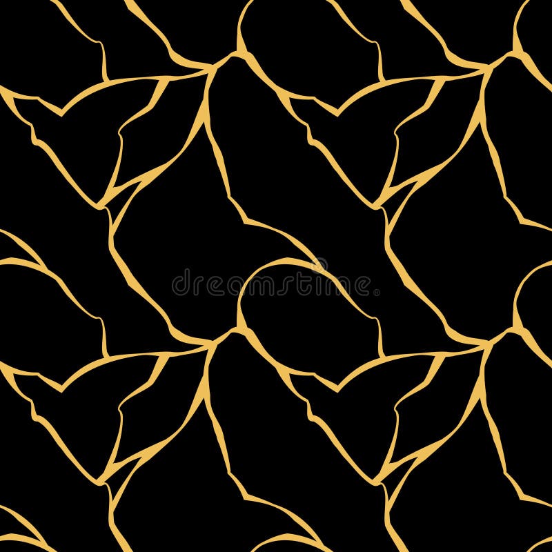 Gold Crack on Black Background. Vector Seamless Pattern. Antique