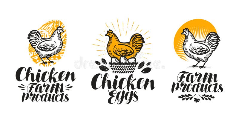 Kip, de reeks van het kippenetiket Gevogeltelandbouwbedrijf, ei, vlees, grill, jonge kippictogram of embleem Met de hand geschrev