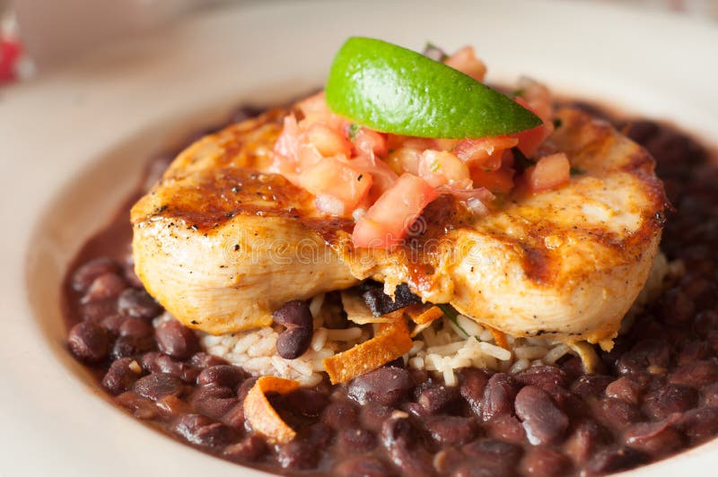 Kip met Zwarte Bonen en Rijst stock afbeelding