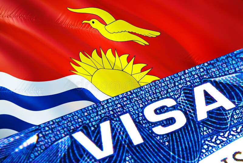 Kiribati visa document close up. Passport visa on Kiribati flag. Kiribati visitor visa in passport,3D rendering. Kiribati multi stock illustration