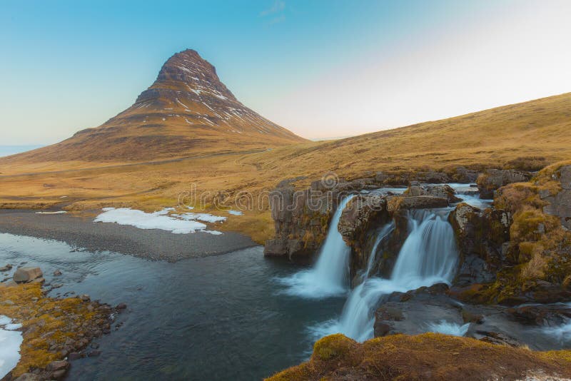 Kirkjufell Volcano Mountain with waterfall stock photography Kirkjufell Volcano Mountain with waterfall stock photography