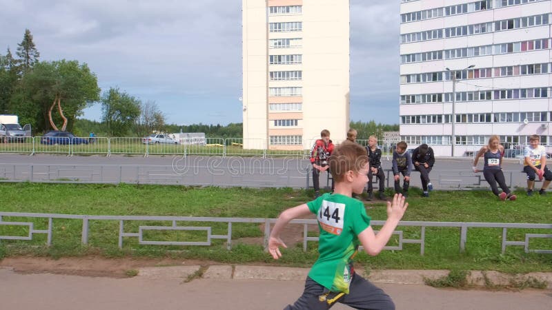 Kirov, Russia, 17-08-2019: Children running on athletic competitions in city.