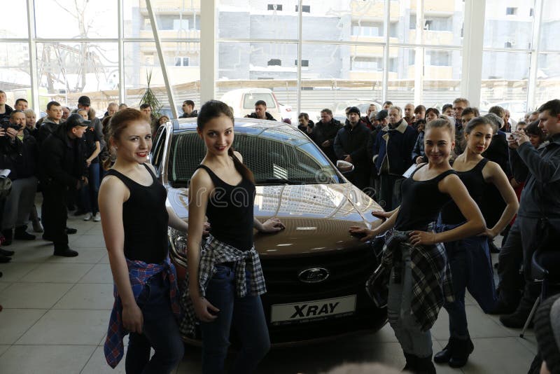 New Russian Car Lada Xray During Presentation 14 February 2016 In The Automobile Showroom Of De