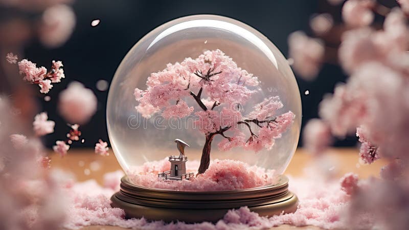 Kirschsakura Frühlingsblütenbaum in Glasschneekugel bezaubernd Miniatur lizenzfreie abbildung