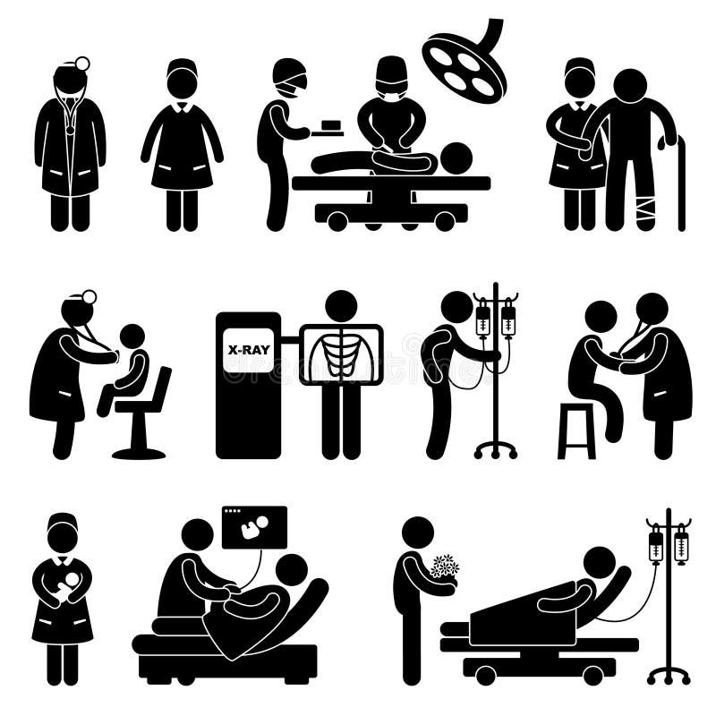 A set of pictogram showing a set of artwork related to doctor, nurse, hospital, clinic, surgery, pregnant, patient, and children. A set of pictogram showing a set of artwork related to doctor, nurse, hospital, clinic, surgery, pregnant, patient, and children.
