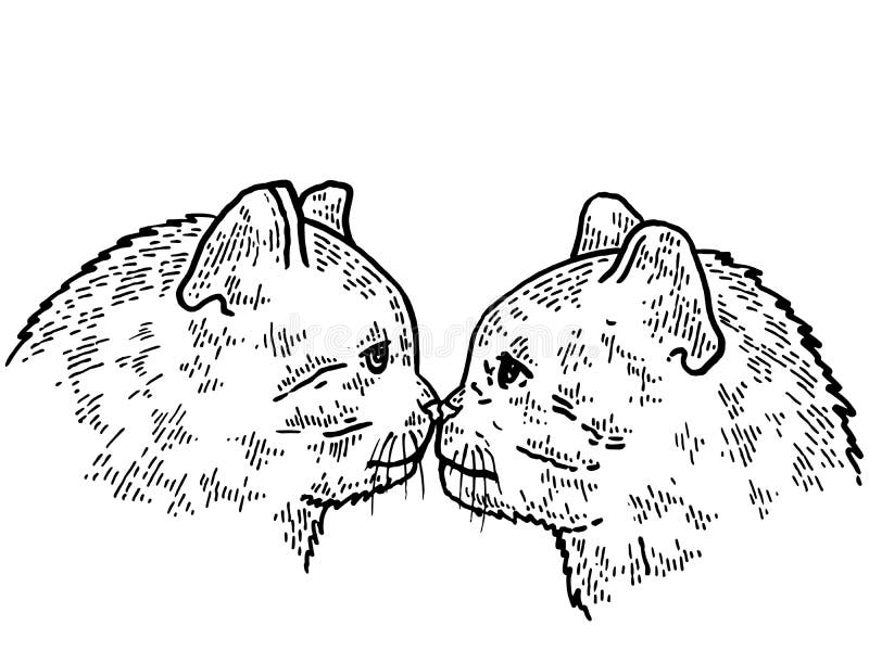 two happy cats silhouettes. Simple ink drawing sitting cats cute