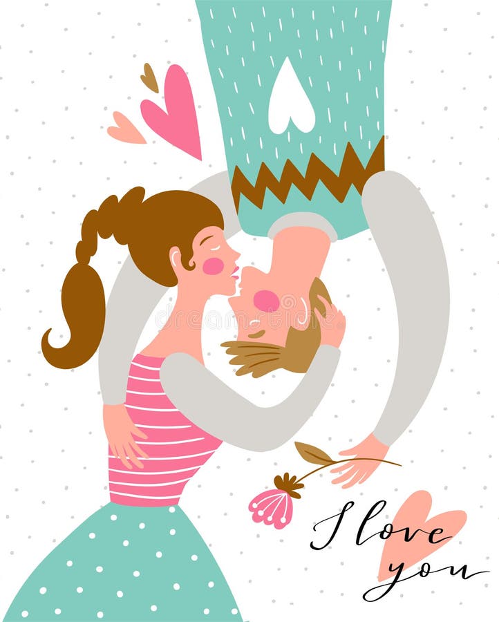 Kissing couple on the polka dot background. Valentine`s Day card. Cute couple in love. Vector illustration.