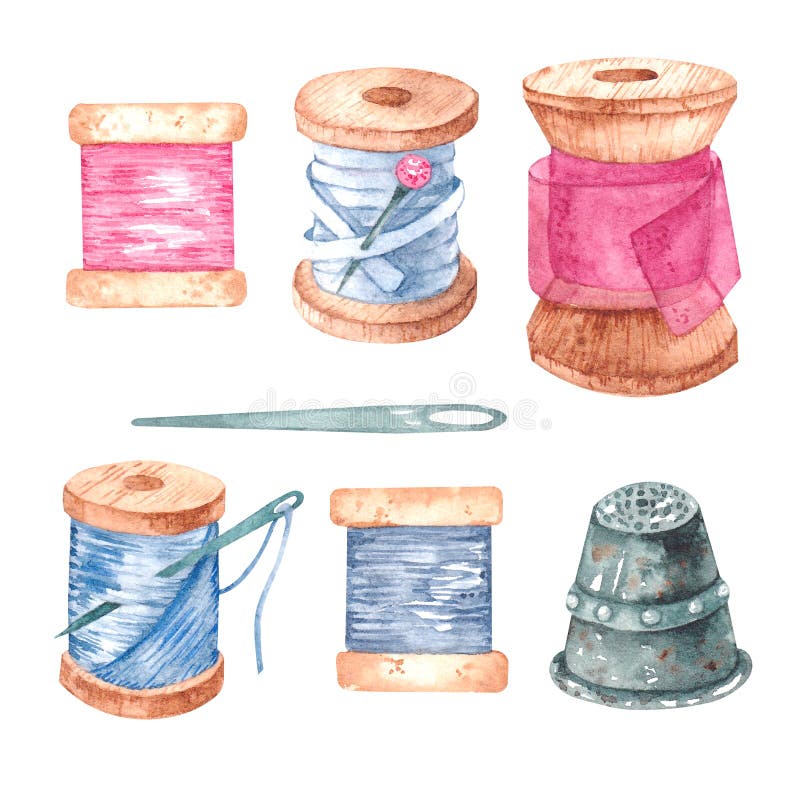 A set with coils of thread made in watercolor for use in product design and DIY. A set with coils of thread made in watercolor for use in product design and DIY