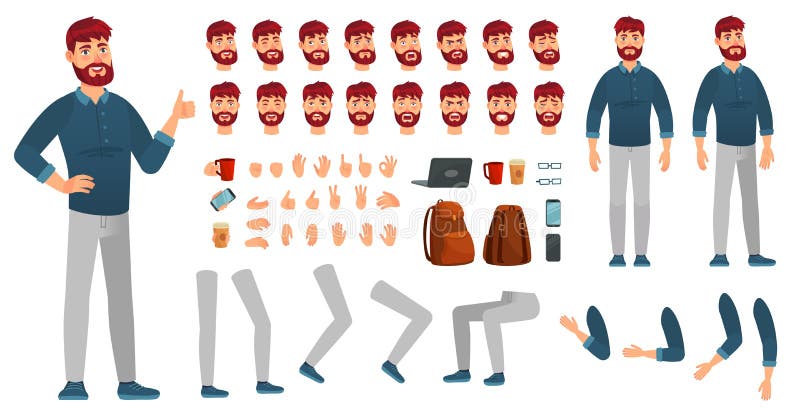 Kit de personagens de desenho animado Homem em roupa casual, mãos diferentes, pernas e emoção facial Caracteres