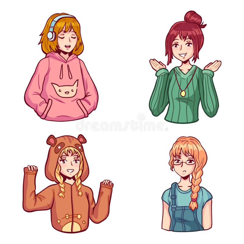 Diferentes opções de roupas para uma personagem feminina em um estilo kawaii  de desenho animado