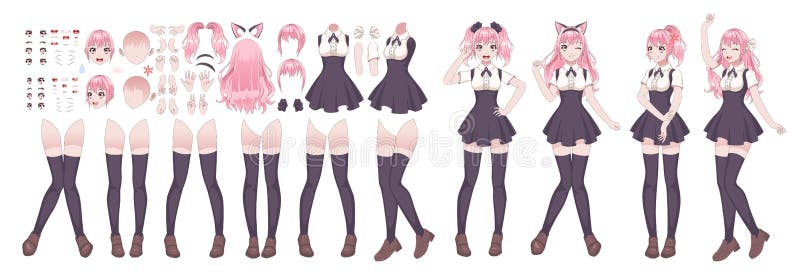 Meninas de anime. mangá estilo japonês ou coreano belas jovens mulheres em  uniforme escolar, saia curta e roupas de cosplay, kawaii asiáticos  adolescentes em pé vetor personagens femininos em quadrinhos conjunto de