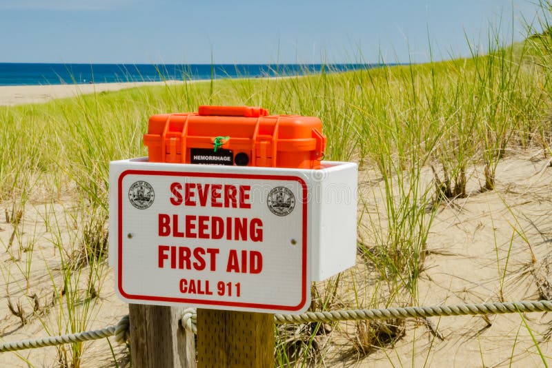 Severe Bleeding First Aid Kits placed on Cape Cod Massachusetts beaches in response to a fatal shark attack. Severe Bleeding First Aid Kits placed on Cape Cod Massachusetts beaches in response to a fatal shark attack