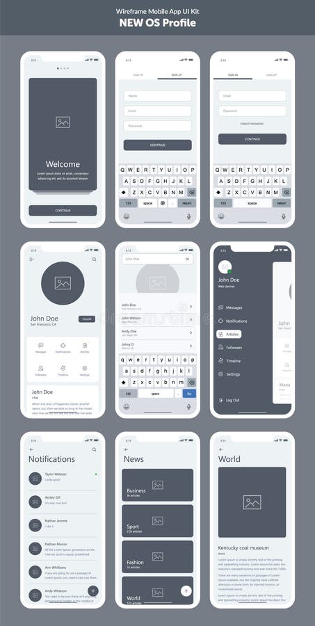 Kit de Wireframe pour le téléphone portable APP mobile UI, conception d'UX Nouveau profil d'OS illustration libre de droits Kit de Wireframe pour le téléphone portable APP mobile UI, conception d'UX Nouveau profil d'OS illustration libre de droits