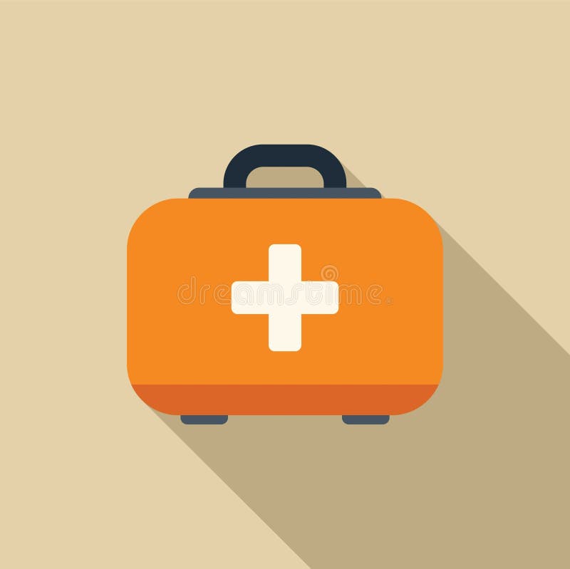 Kit di pronto soccorso arancione chiuso con ombra lunga. Kit di pronto soccorso arancione chiuso gettando una lunga ombra di design piatto