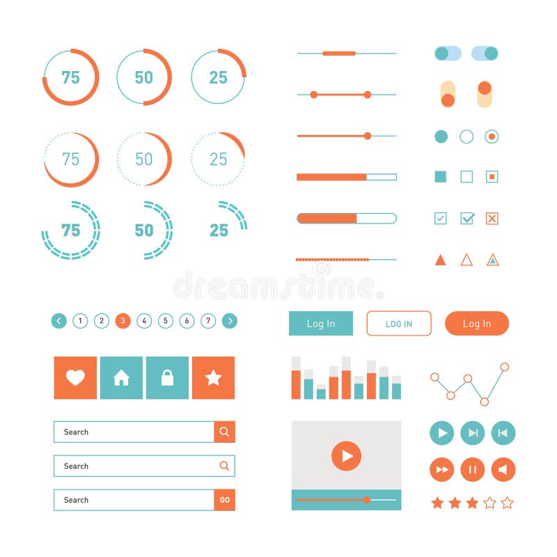 Kit plat moderne de vecteur de conception d'UI dans la couleur à la mode avec le téléphone portable simple, les boutons, les form illustration stock Kit plat moderne de vecteur de conception d'UI dans la couleur à la mode avec le téléphone portable simple, les boutons, les form illustration stock