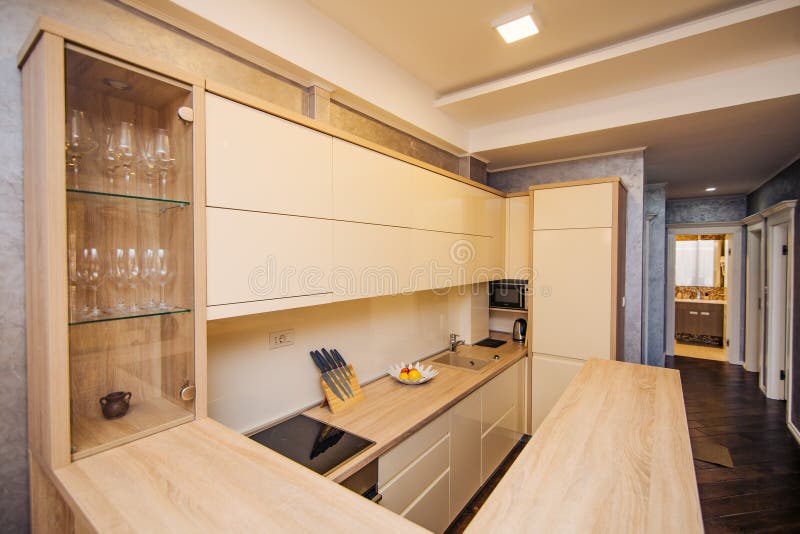 The kitchen in the apartment. The design of the kitchen room. Wo