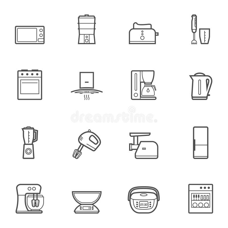 Kitchen appliances vector line style icon set