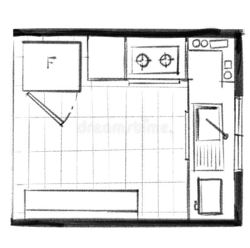Kitchen Area House Furniture Plan Top View Hand Drawn Layout