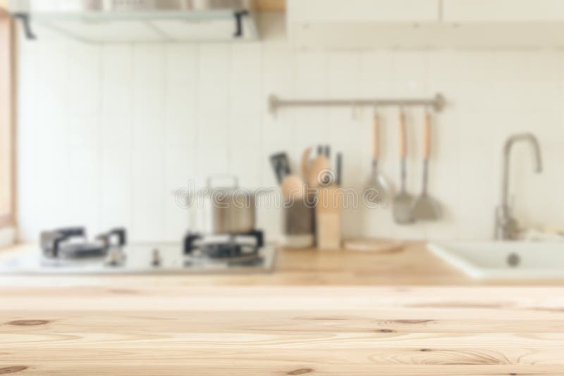 Kitchen Background Blur with Wooden Top Table Clean White for ...