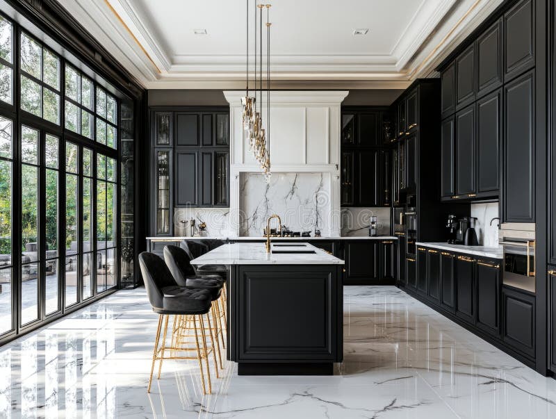 Kitchen with Black Cabinets and Marble Countertops royalty free stock images