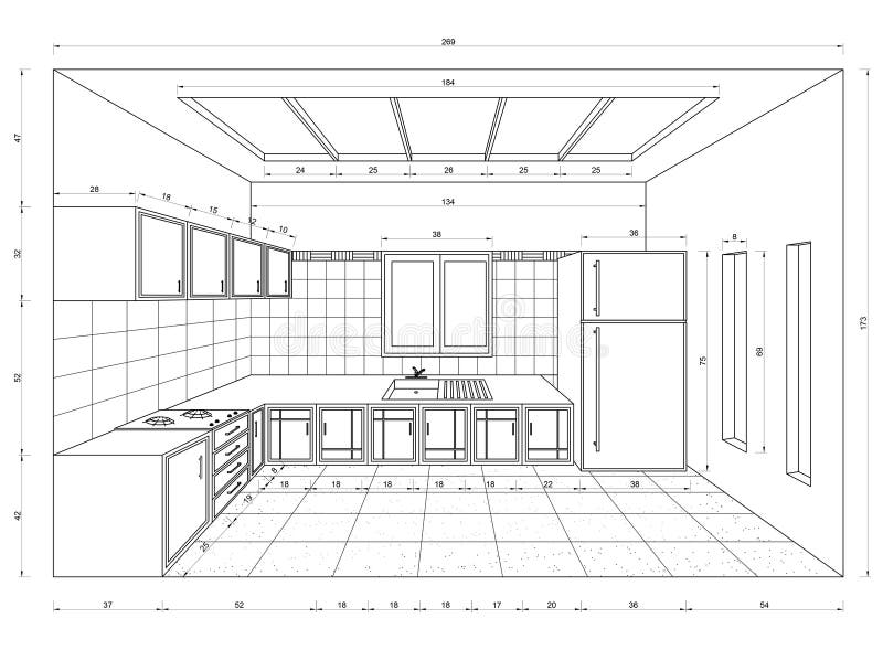 Kitchen Blueprint – 3D Perspective Stock Illustration - Illustration of