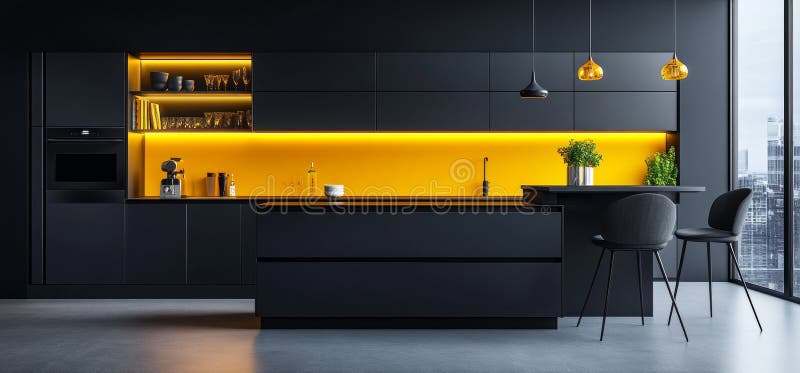 This kitchen boasts a sophisticated dark interior, illuminated by modern lighting and overlooking a garden royalty free stock images