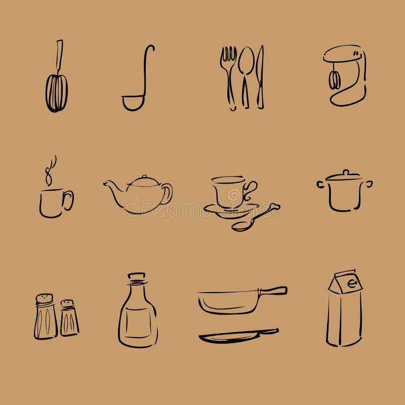 Kitchen brush line vector icons