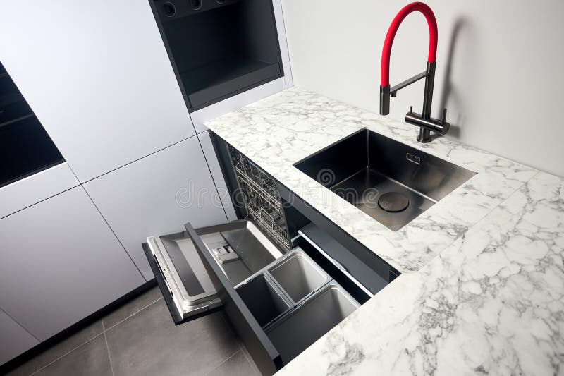 Kitchen with Built in Opened Dishwasher and Pull Out Drawer for Waste