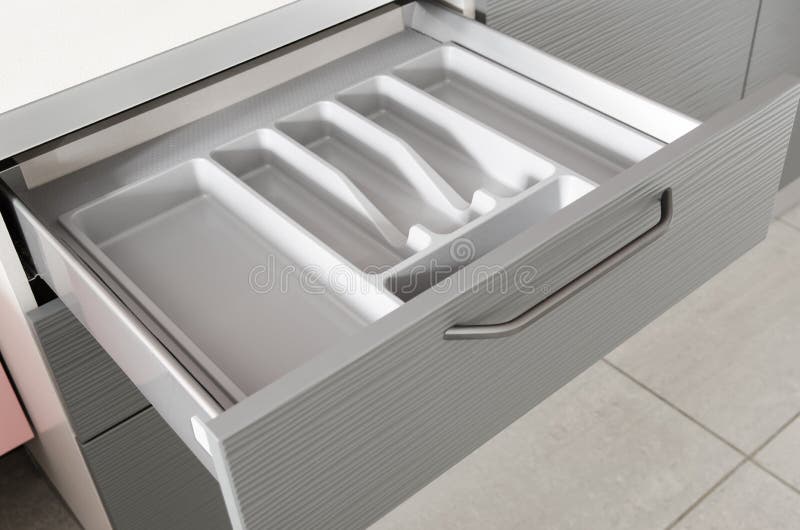 Kitchen with Empty Plastic Cutlery Drawer Stock Photo Image