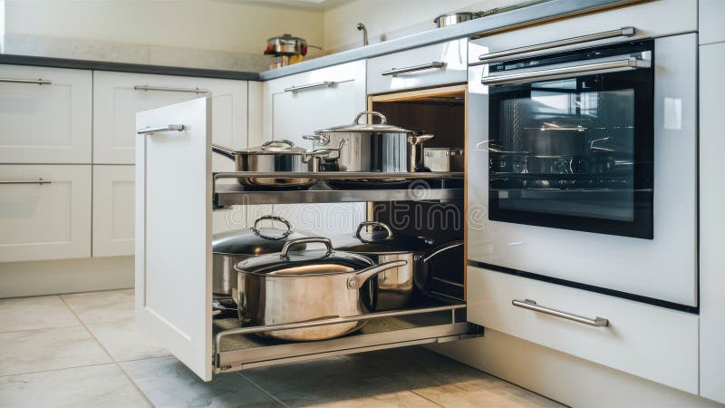 A Kitchen Cabinet with Pots and Pans in it Next To a Stove AI Stock A Kitchen Cabinet with Pots and Pans in it Next To a Stove AI Stock