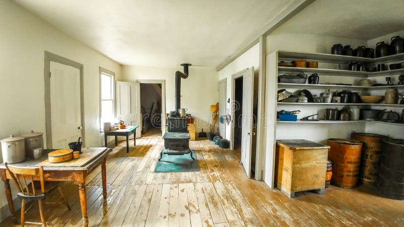 Kitchen with Cast Iron Stove - Old World Wisconsin stock photos Kitchen with Cast Iron Stove - Old World Wisconsin stock photos