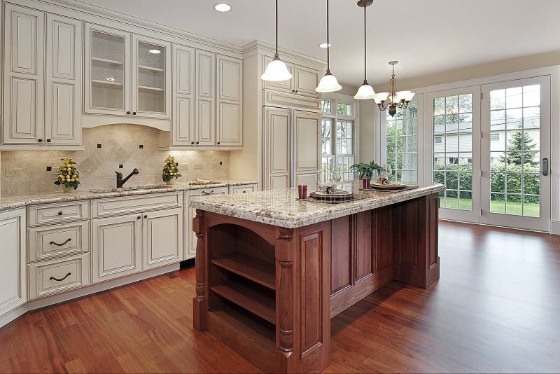 Kitchen With Cherry Wood Island Stock Image - Image of ...