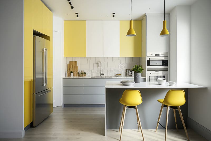 A Kitchen with Clean Lines, with Pops of Bright Yellow, Neutral Colors