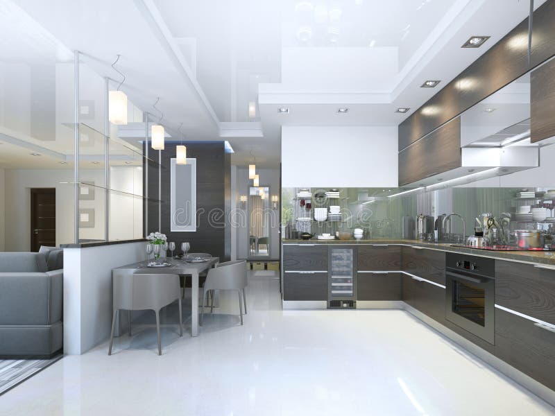 Kitchen Contemporary in Brown with White Walls and Marble Floors Stock