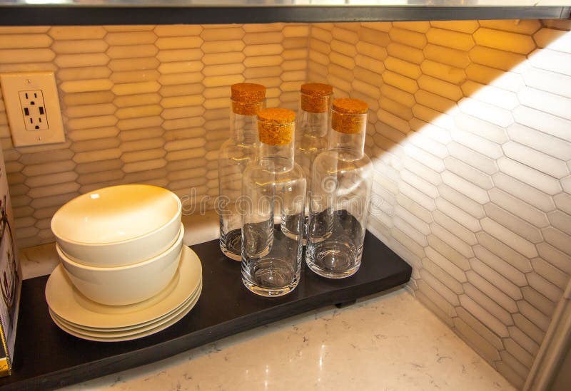 Kitchen Counter with Glass Decanters and Dishes Stock Photo Image of kitchen, mosaic 244307604