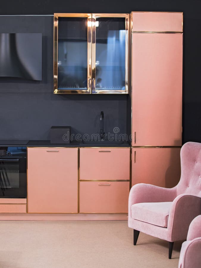 Kitchen Design , Set Of Rose Gold Color Furniture, Brass Finish With A  Metallic Sheen And Black Glass, Modern Design. Pink Gold Stock Image -  Image Of Brass, Copper: 156031815