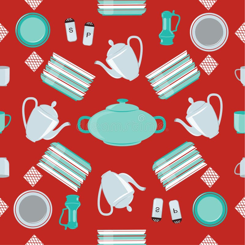 Kitchen Dishes and Cutlery Seamless Pattern Stock Vector Illustration